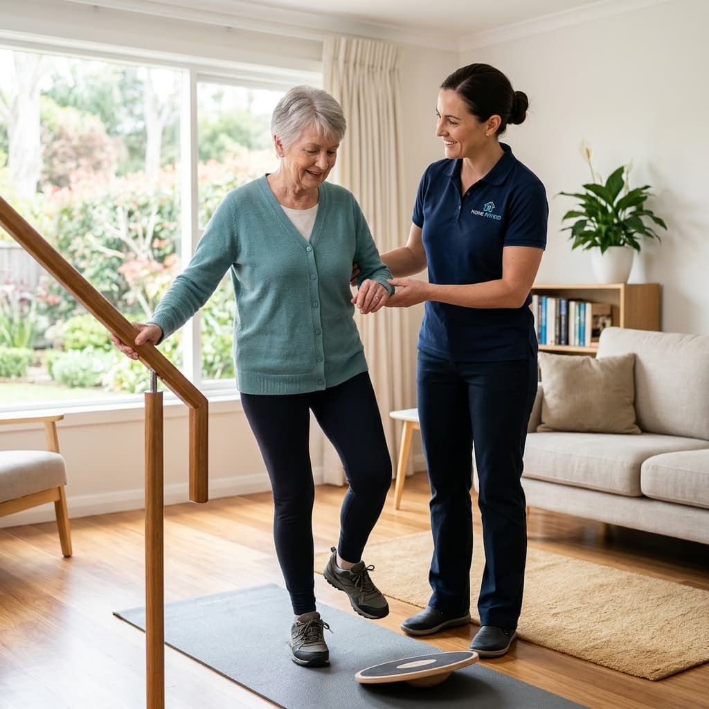Reassuring physical therapist assisting patient during functional movement rehabilitation