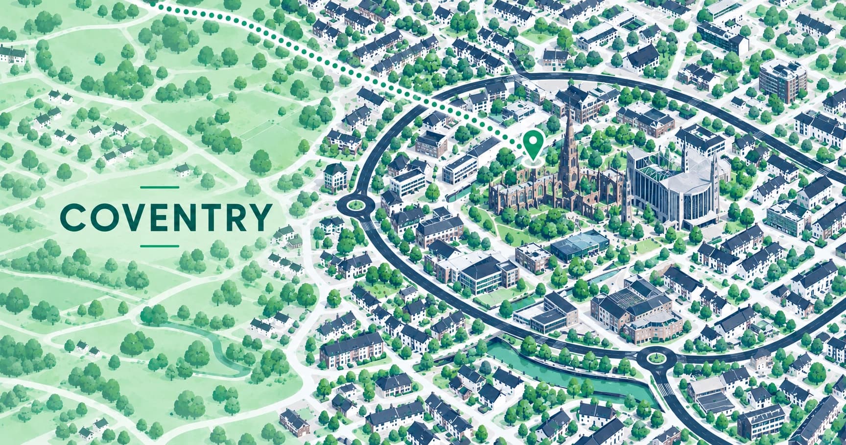 Illustrated map of Coventry, West Midlands, with a pin marking the town centre