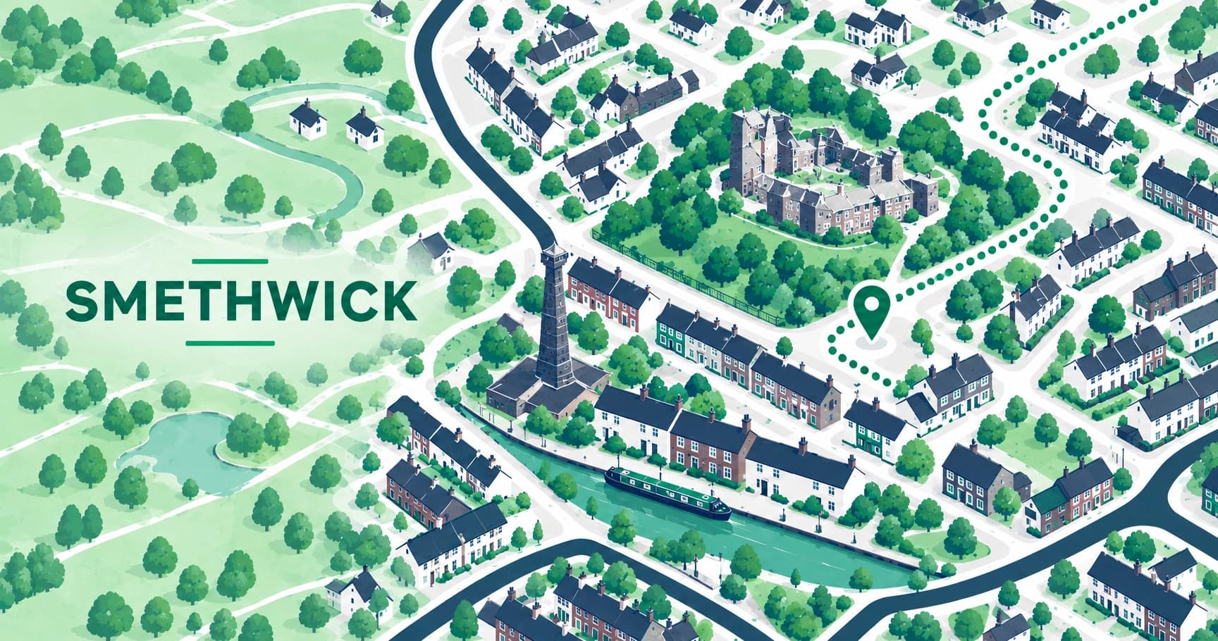 Illustrated map of Smethwick, West Midlands, with a pin marking the town centre