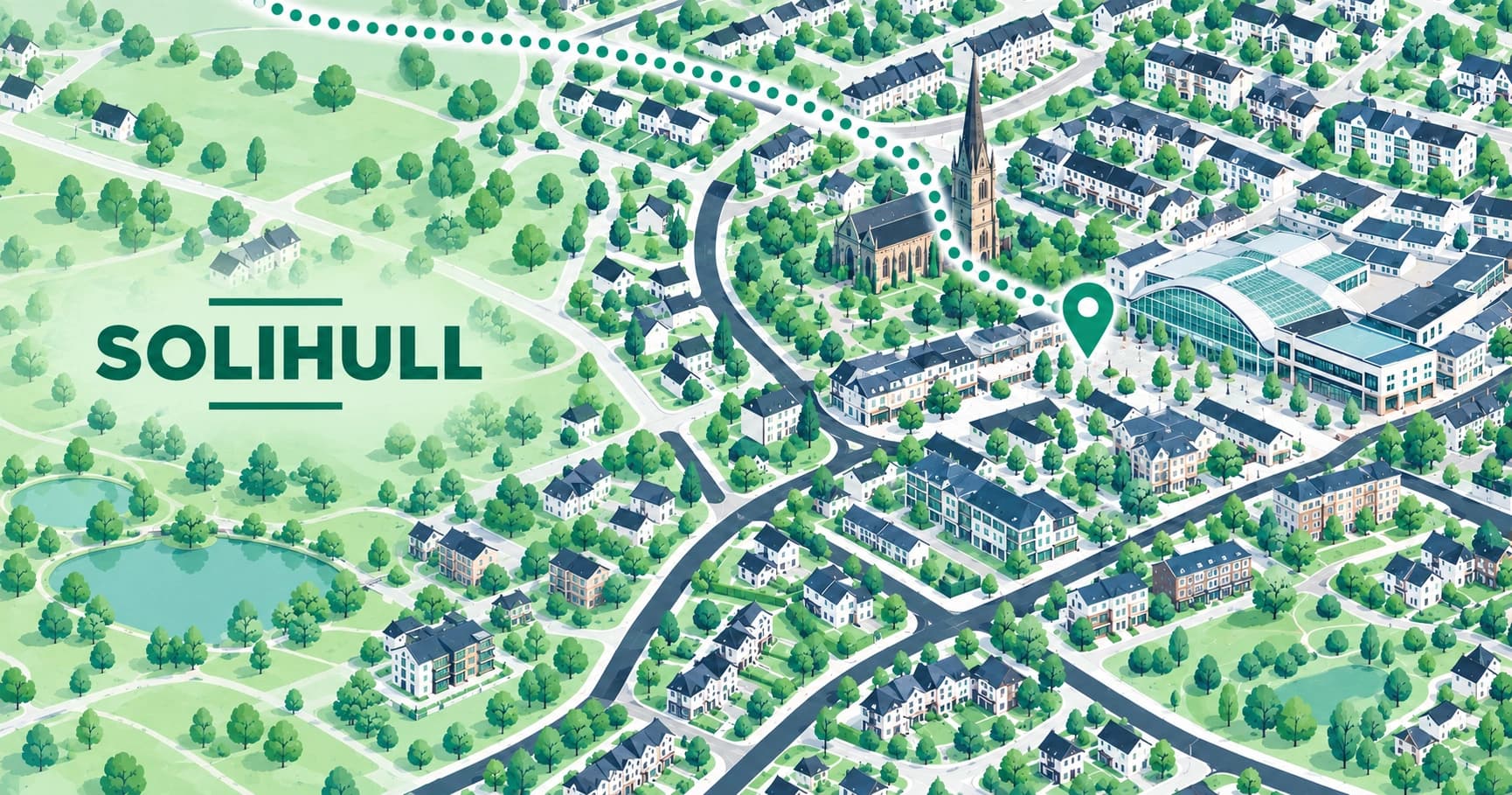 Illustrated map of Solihull, West Midlands, with a pin marking the town centre