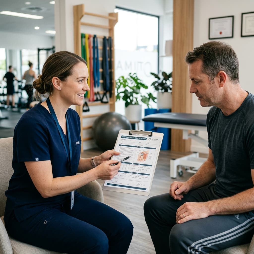 Physiotherapist discussing custom clinical recovery plan on clipboard with patient