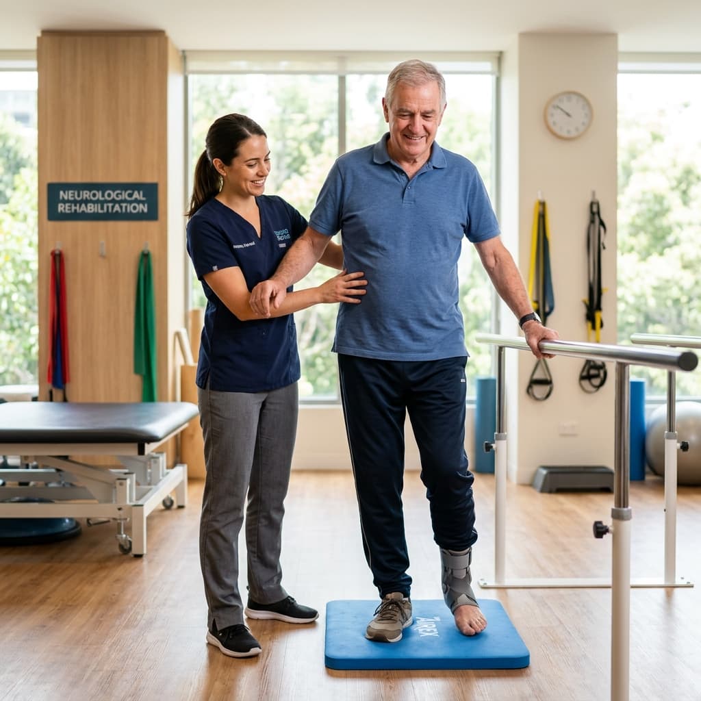 Neurological physiotherapist conducting gait and balance rehab with a stroke survivor