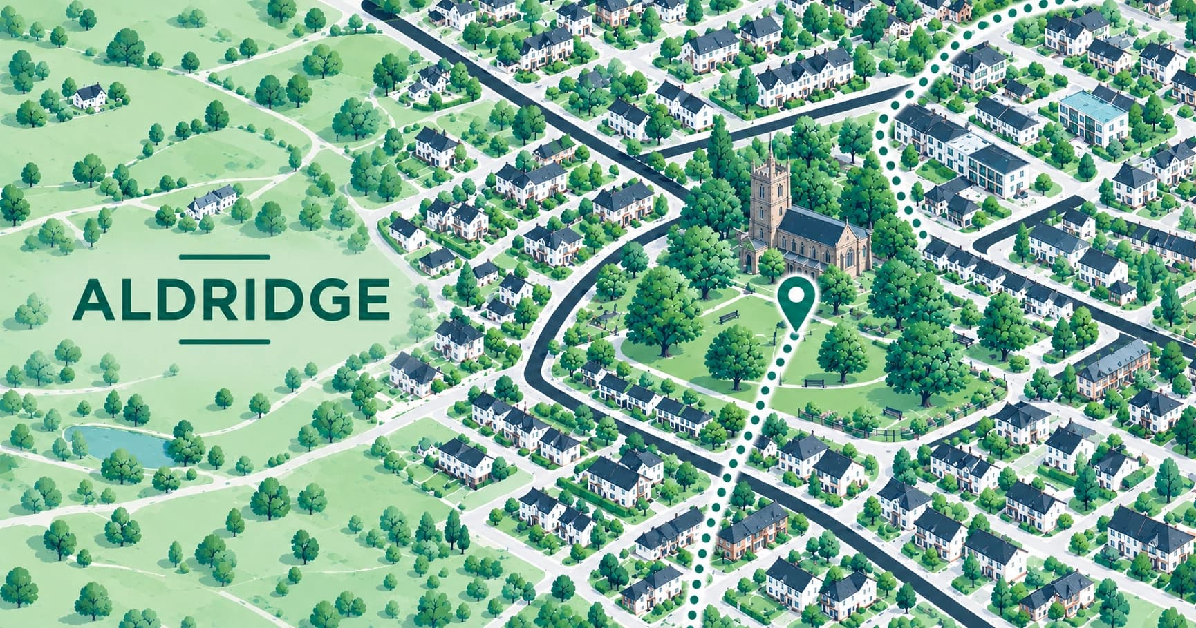 Illustrated map of Aldridge, West Midlands, with a pin marking the town centre