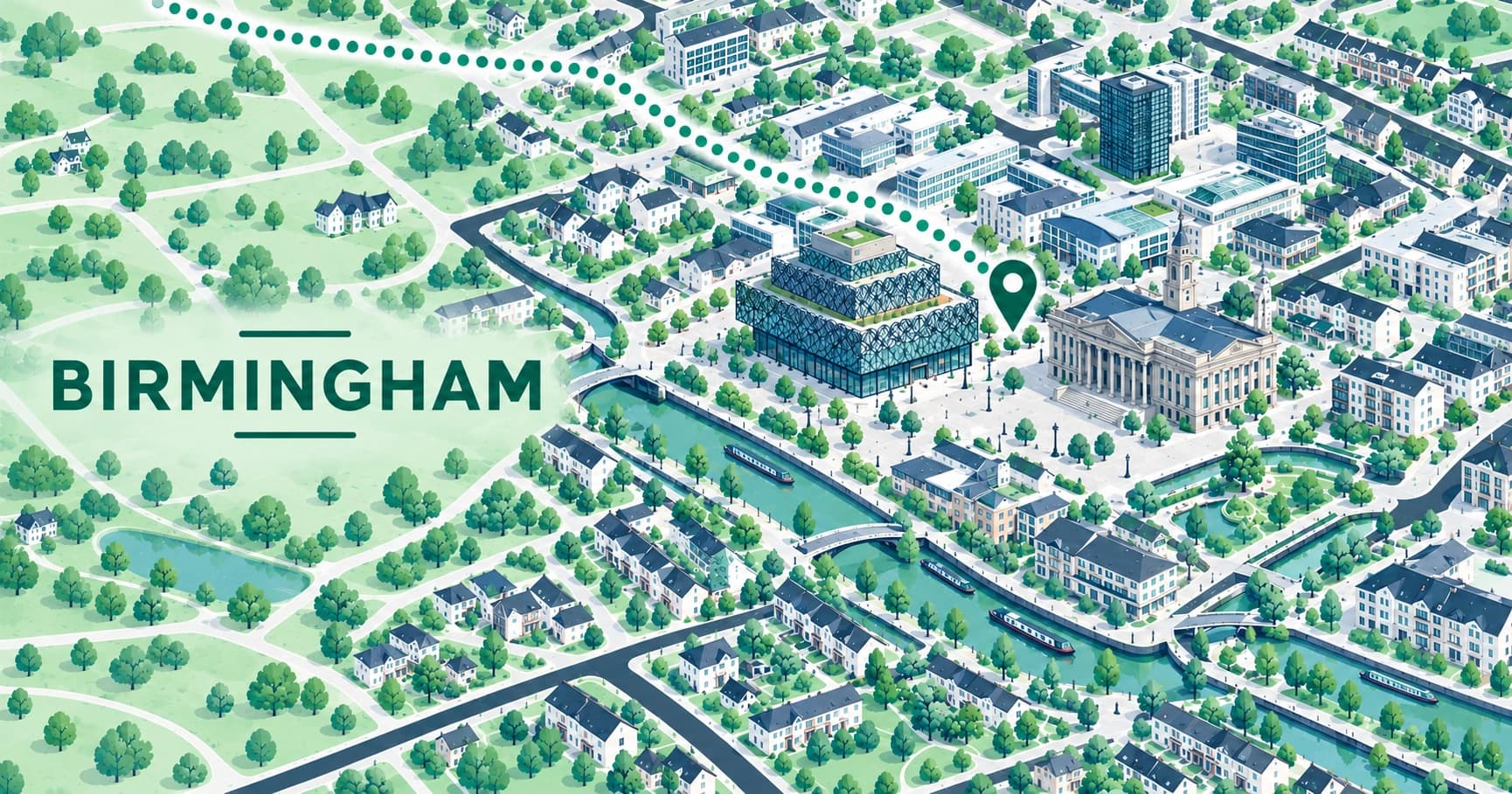 Illustrated map of Birmingham, West Midlands, with a pin marking the city centre