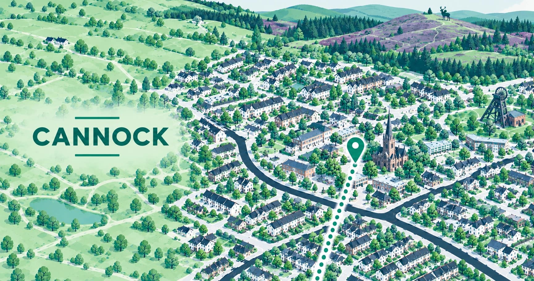 Illustrated map of Cannock, West Midlands, with a pin marking the town centre
