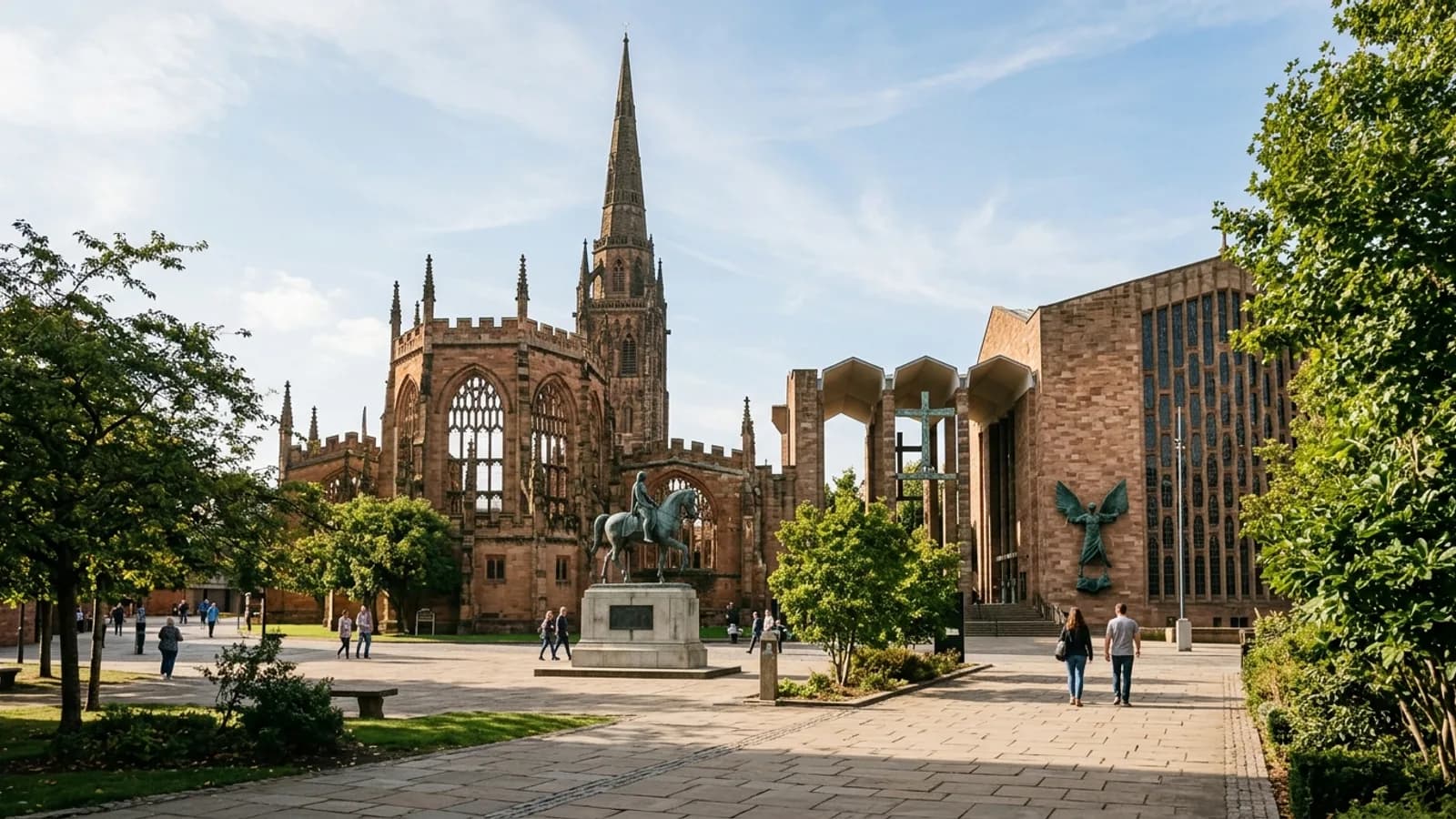 The world-famous ruins of St Michael’s Cathedral standing alongside the modern Sir Basil Spence Cathedral.