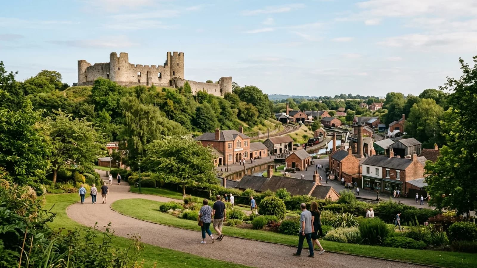 The medieval castle ruin overlooking the Black Country Living Museum and Priory Park.