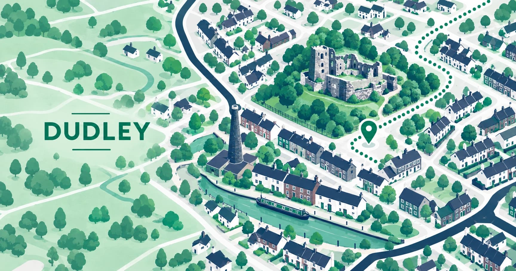 Illustrated map of Dudley, West Midlands, with a pin marking the town centre