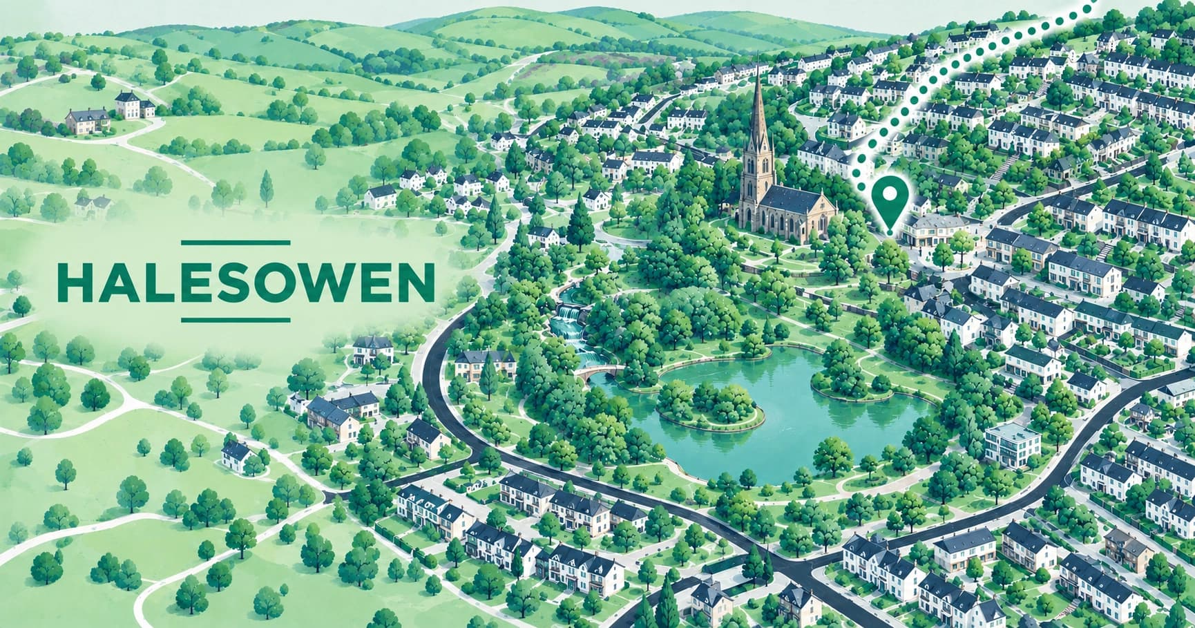Illustrated map of Halesowen, West Midlands, with a pin marking the town centre