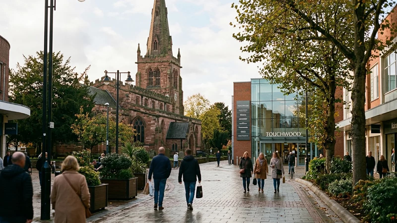 The historic parish church of St Alphege and the premier Touchwood retail quarter in central Solihull.