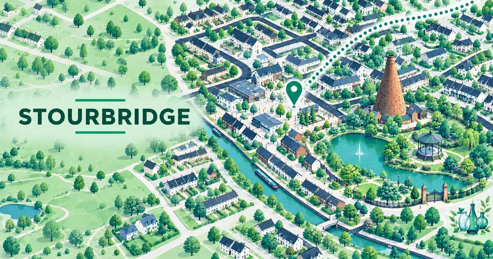 Illustrated map of Stourbridge, West Midlands, with a pin marking the town centre