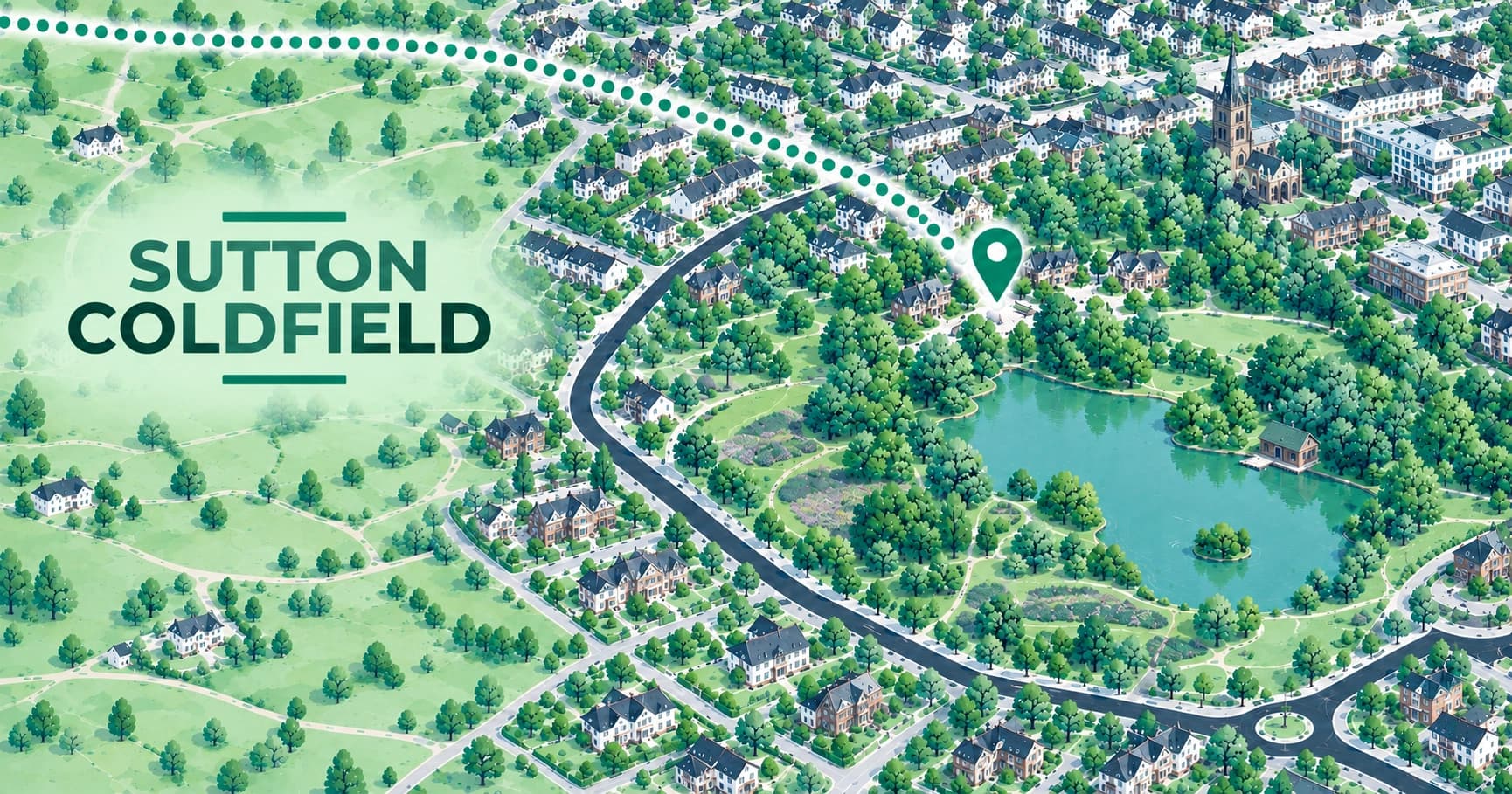 Illustrated map of Sutton Coldfield, West Midlands, with a pin marking the town centre
