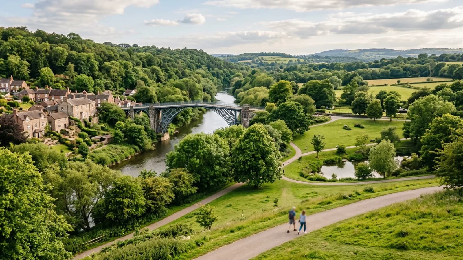 The UNESCO World Heritage Ironbridge Gorge and expansive green town park surrounding Telford Centre.