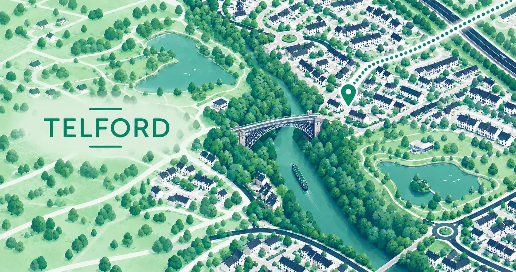 Illustrated map of Telford, West Midlands, with a pin marking the town centre