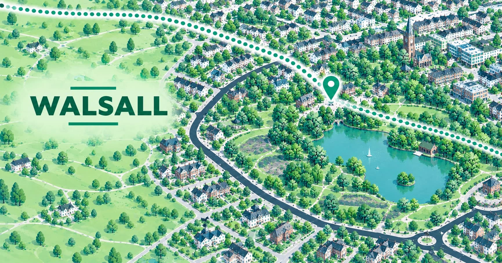 Illustrated map of Walsall, West Midlands, with a pin marking the town centre