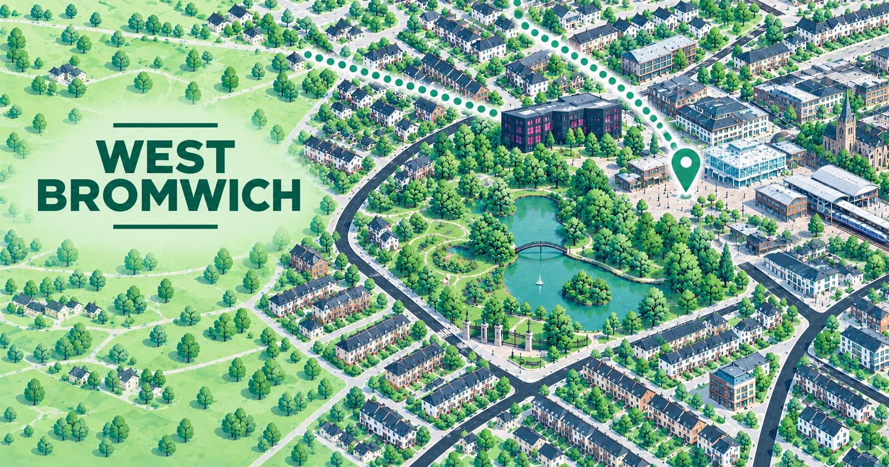 Illustrated map of West Bromwich, West Midlands, with a pin marking the town centre