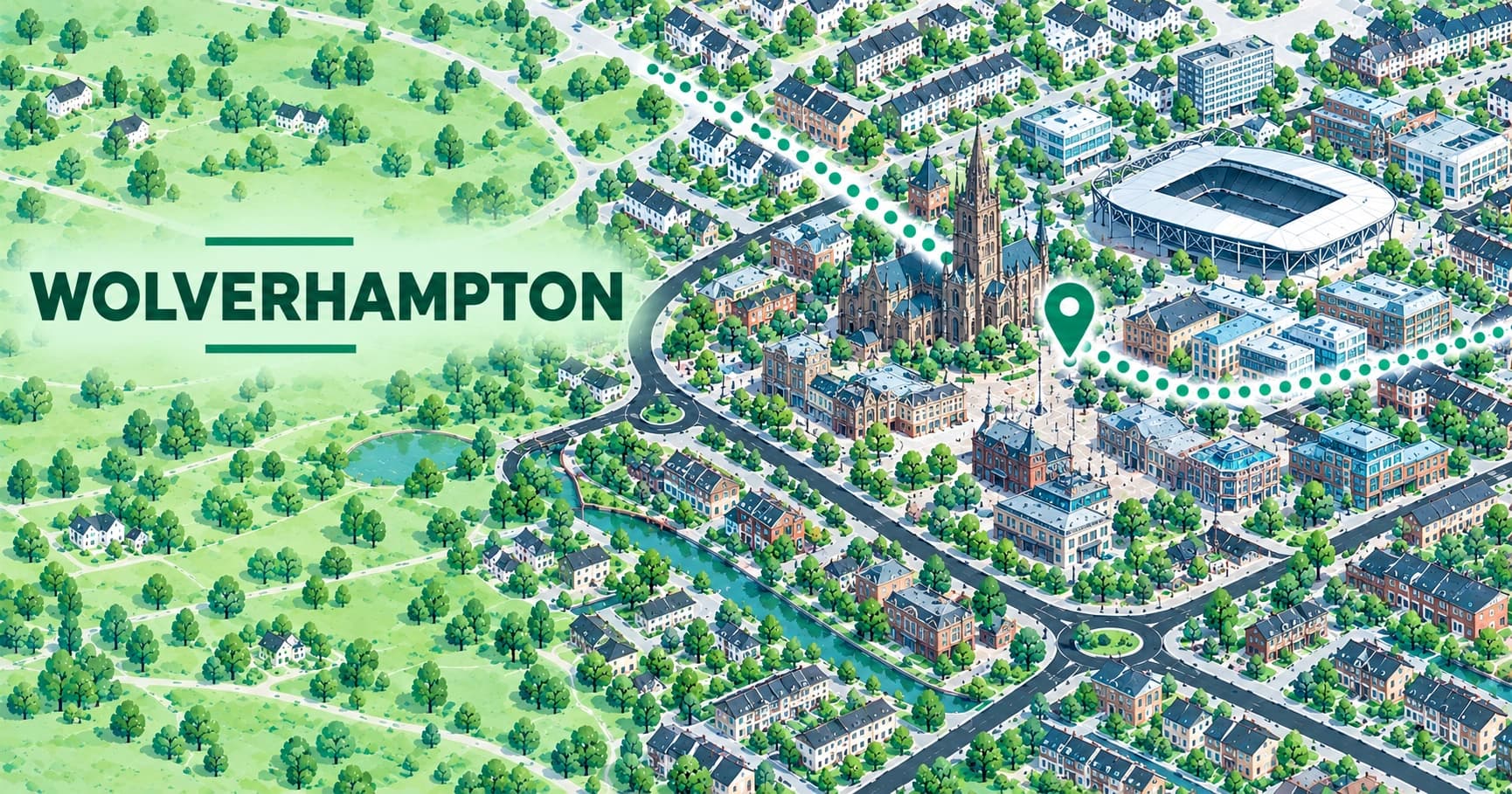 Illustrated map of Wolverhampton, West Midlands, with a pin marking the town centre