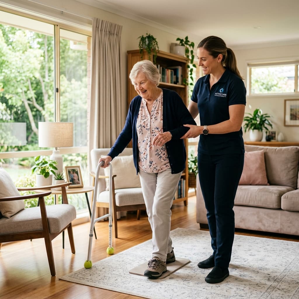 Elderly patient performing stability and balance training exercises with therapist at home